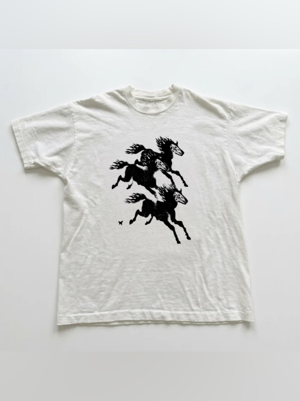 Flaming Horse Black Print White Streetwear Graphic T-Shirt, Flaming Skeleton Tee